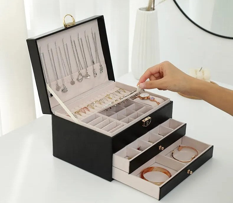 Premium leather multilayer jewelry box for women's elegant accessory storage & organization.