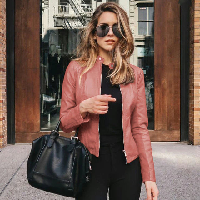Classic women's elegant leather jacket, a sophisticated and stylish choice for timeless fashion apparel.