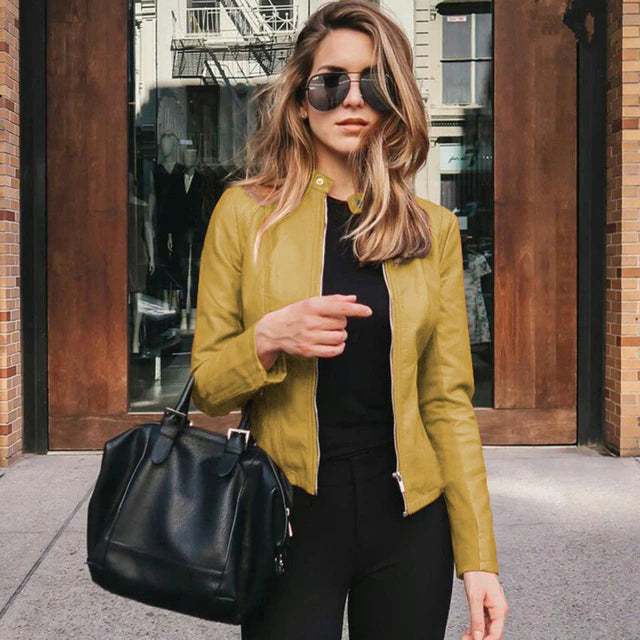 Women's timeless leather jacket, a versatile and stylish outerwear piece for any elegant ensemble.