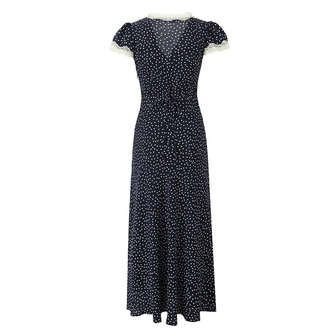 Comfortable women's lightweight polka dot summer midi dress. Perfect navy day dress for warm weather fashion.