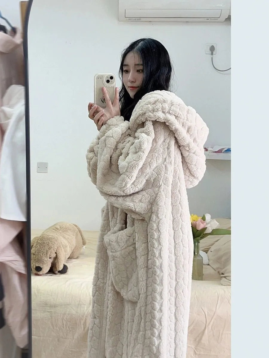 White long hooded bathrobe for women. The Amy Nightfall cozy robe offers luxurious comfort and warmth.