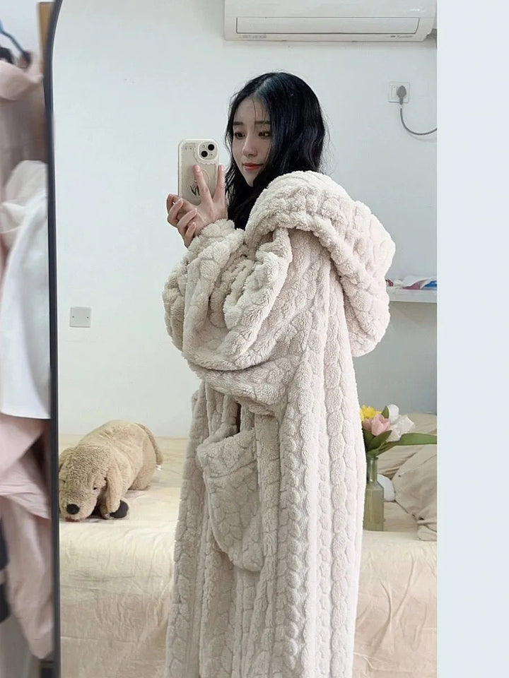 White long hooded bathrobe for women. The Amy Nightfall cozy robe offers luxurious comfort and warmth.