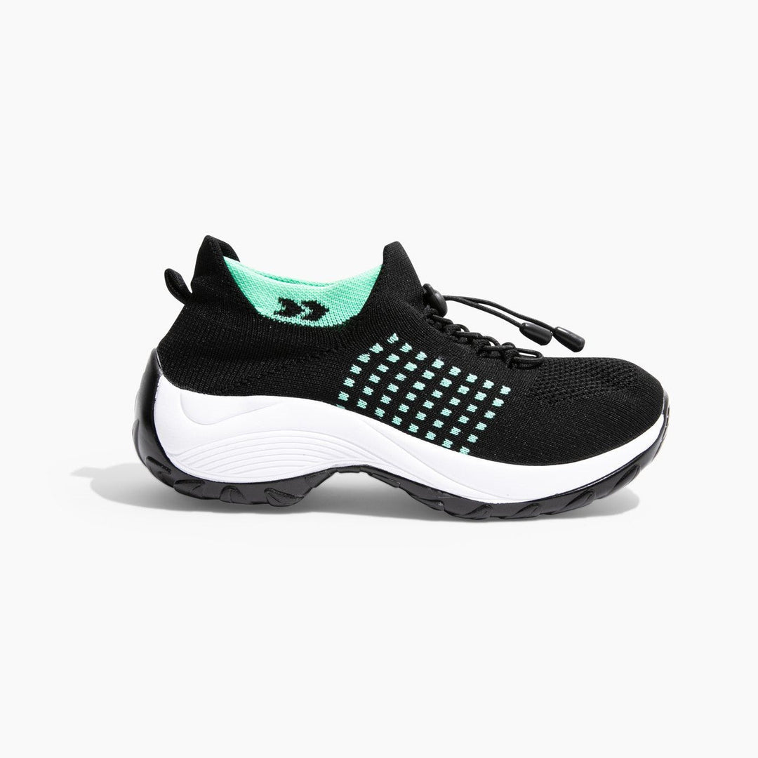 Front view of women's black non-slip healthcare footwear, wide toe box for medical professionals
