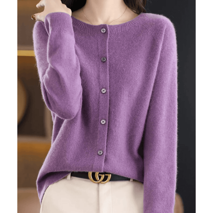 Women's O-neck cashmere-like wool blend sweater in a cozy knit. Perfect for fall/winter comfort.