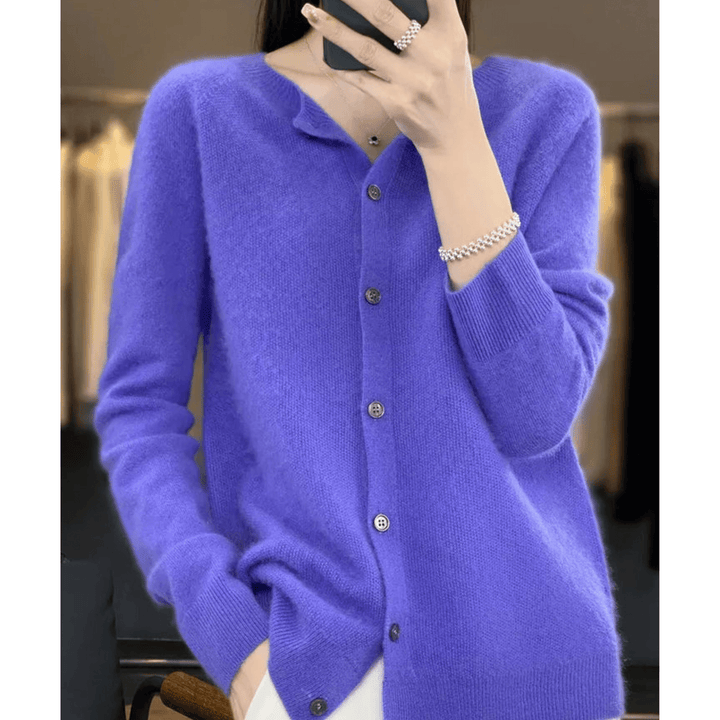 Winter-ready women's O-neck wool blend sweater. Luxurious cashmere-like feel, comfortable & warm.