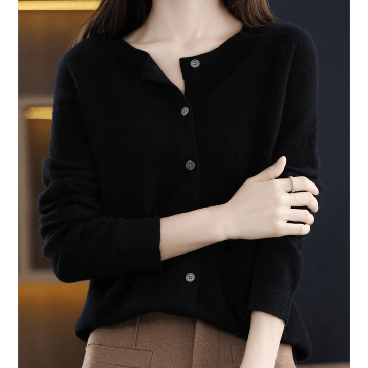 Ladies' casual O-neck sweater. Cashmere-like wool blend knit, comfortable and stylish for daily wear.