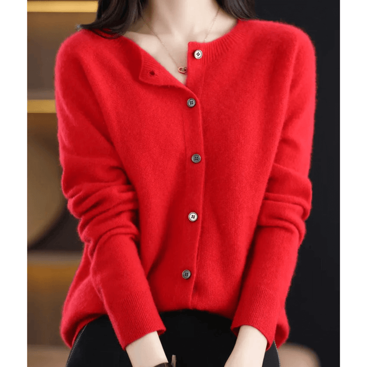 Chic ladies' O-neck pullover. Cashmere-like wool blend knit, perfect for casual or dressed-up looks.