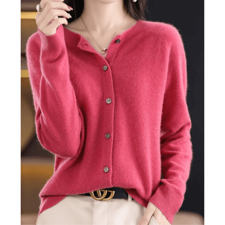 Stylish women's O-neck knit top. Cozy wool blend, feels like cashmere, great for cold weather fashion.
