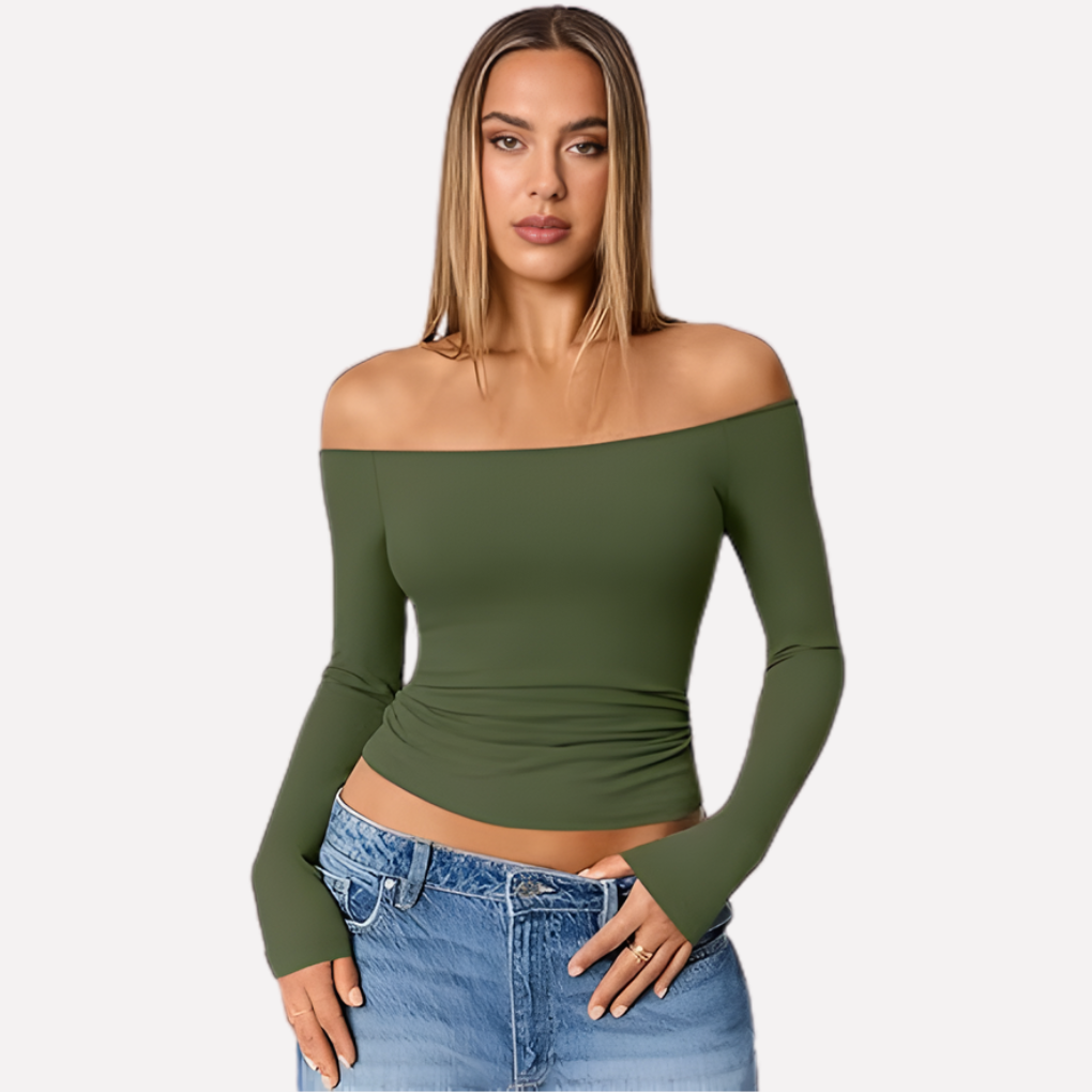 Women's off-shoulder long sleeve top in a relaxed fit, perfect for casual everyday style.