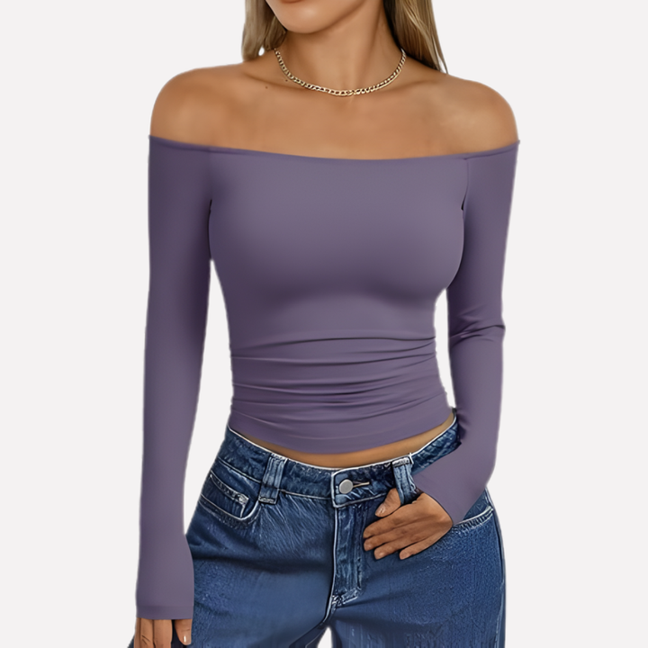Lightweight women's off-shoulder long sleeve top, ideal for transitional weather and comfortable fashion.
