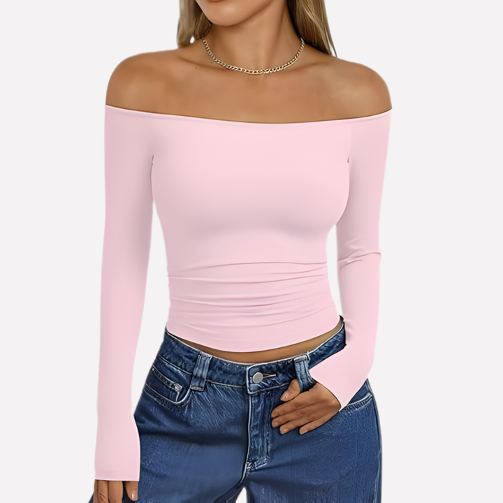 Off-shoulder long sleeve top for women, combining relaxed fit with effortless, everyday style.