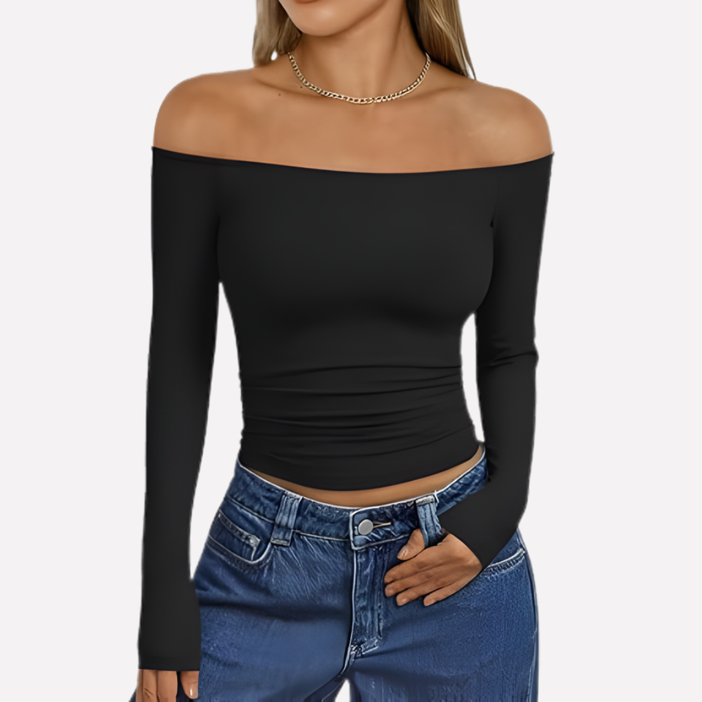 Chic women's off-shoulder long sleeve top, designed for a relaxed yet fashionable everyday look.
