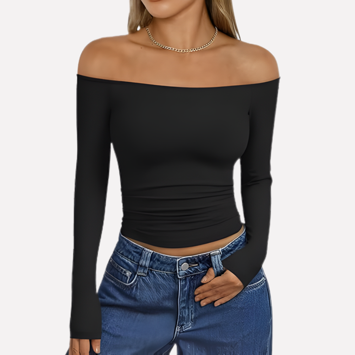 Chic women's off-shoulder long sleeve top, designed for a relaxed yet fashionable everyday look.