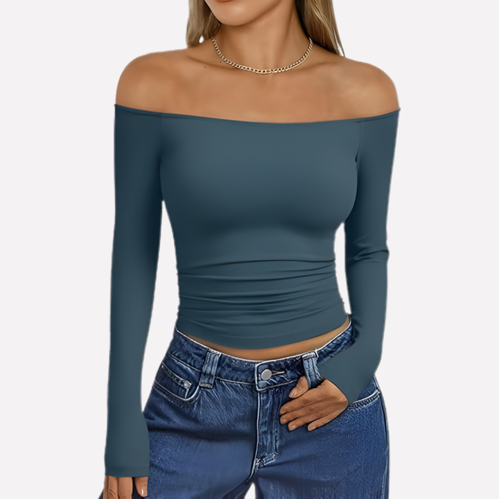 Relaxed fit women's off-shoulder long sleeve top, designed for comfortable and stylish casual wear.