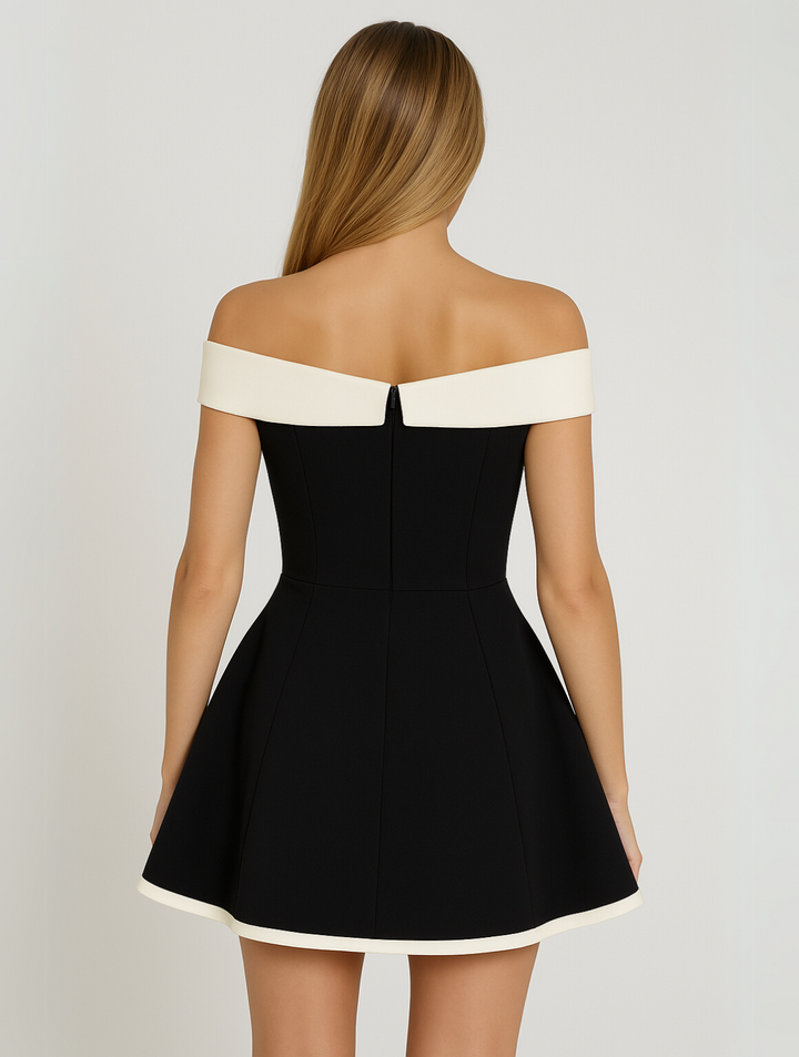 Stylish women's off-shoulder mini dress with a trendy flared skirt design, perfect for a chic party look.