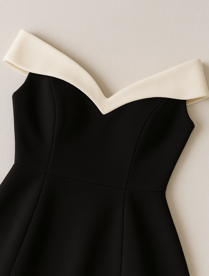 Flattering women's off-shoulder short dress with a stylish flared skirt, suitable for elegant evening events.