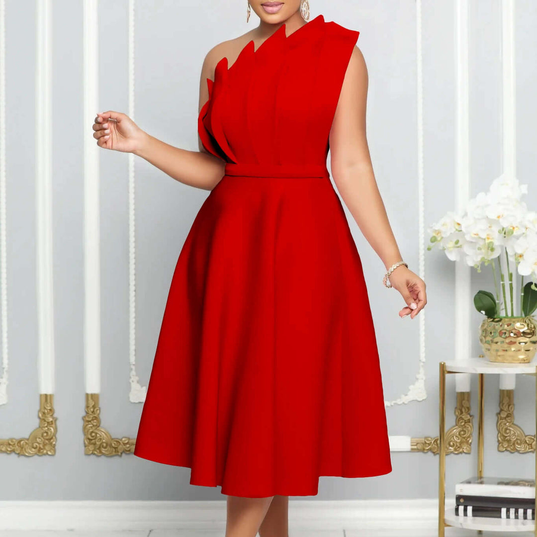 Women's one-shoulder romantic flare dress with elegant floral print, perfect for parties & evening wear.
