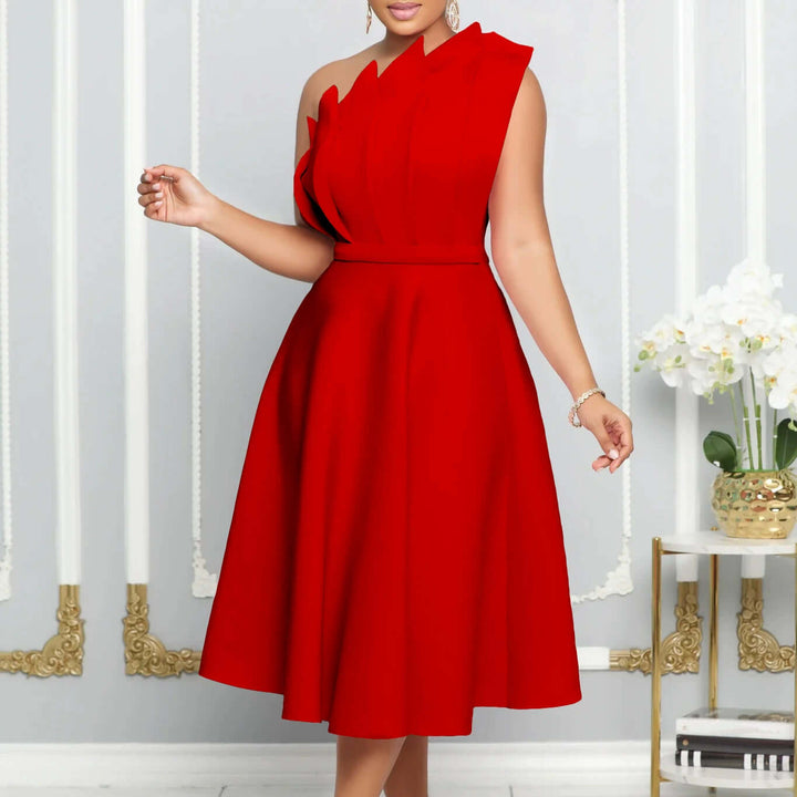 Women's one-shoulder romantic flare dress with elegant floral print, perfect for parties & evening wear.