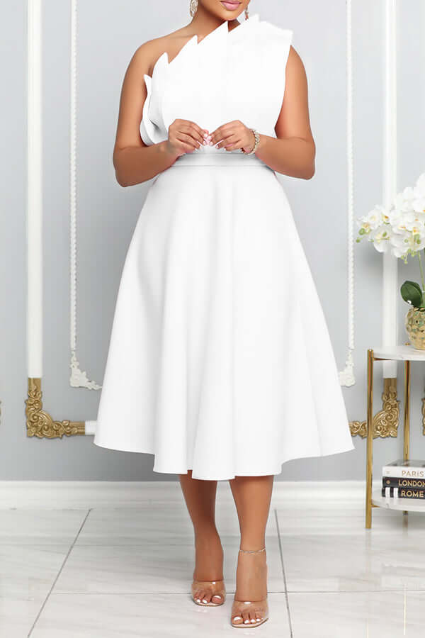 Elegant women's one-shoulder floral print flare dress for a romantic evening or special occasion.