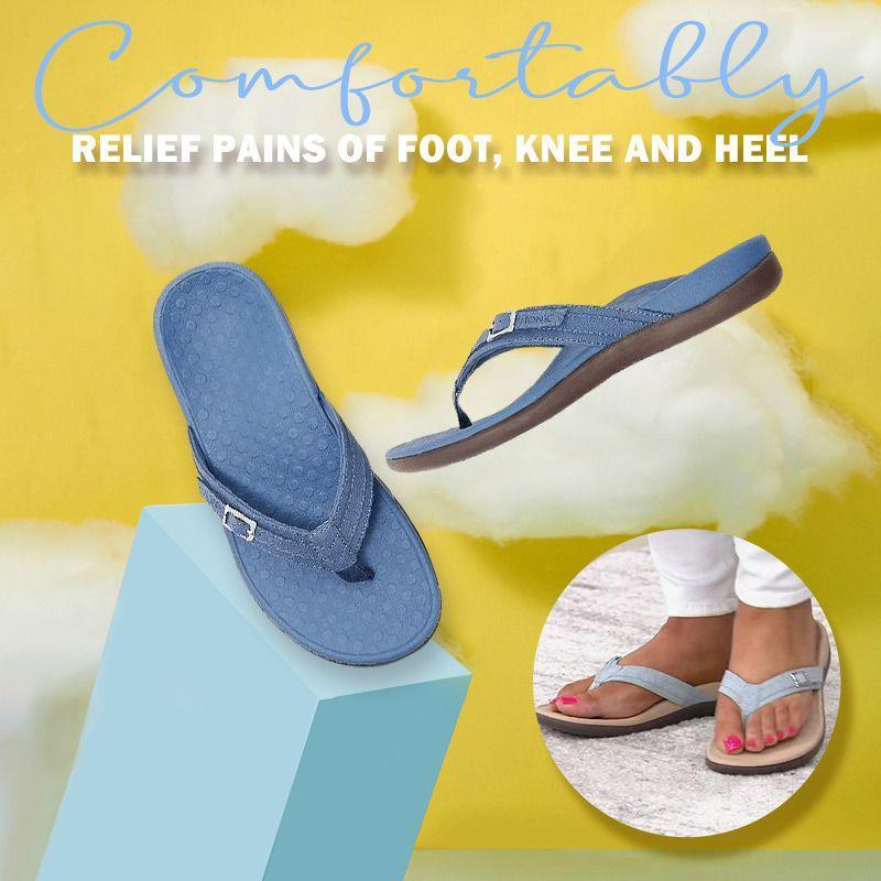 Detail of the non-slip sole and arch support in women's orthopedic flip flops, great for summer shoes.