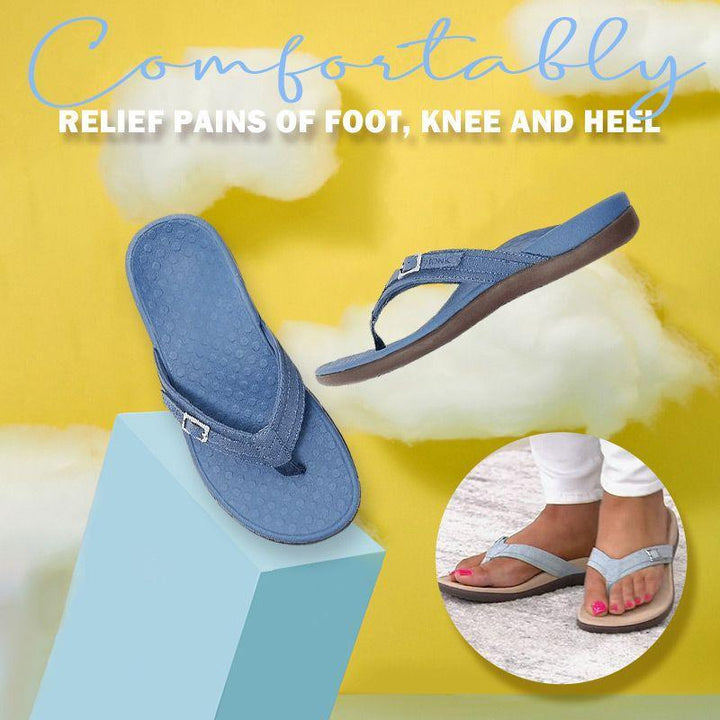 Detail of the non-slip sole and arch support in women's orthopedic flip flops, great for summer shoes.