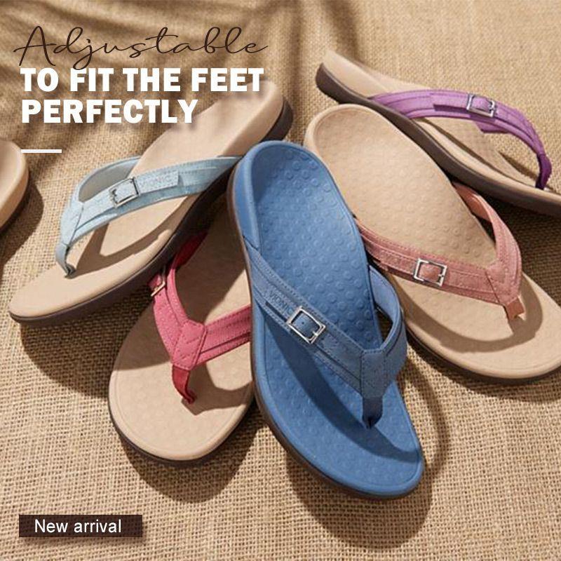 Assortment of women's arch support flip flops in various colors, showcasing stylish orthopedic footwear.