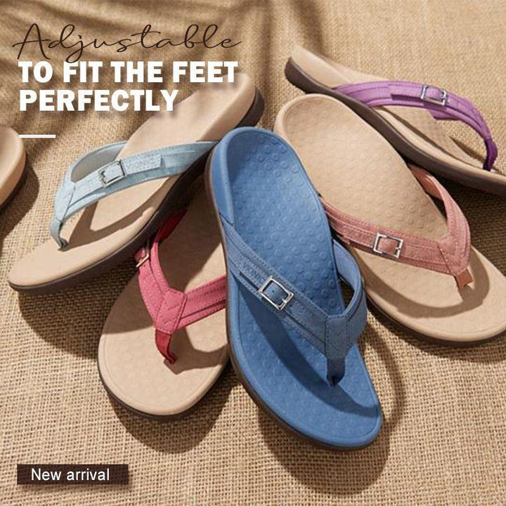 Assortment of women's arch support flip flops in various colors, showcasing stylish orthopedic footwear.