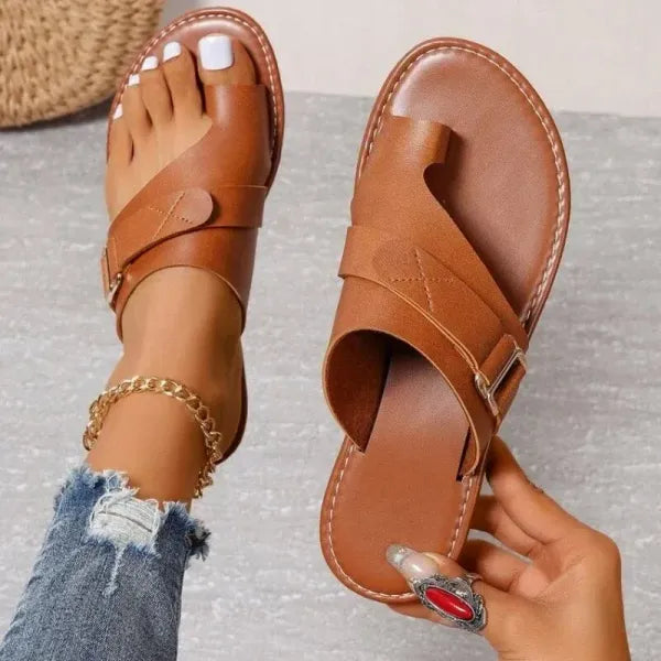 Stylish women's ergonomic leather sandals with orthopedic bunion relief and arch support.