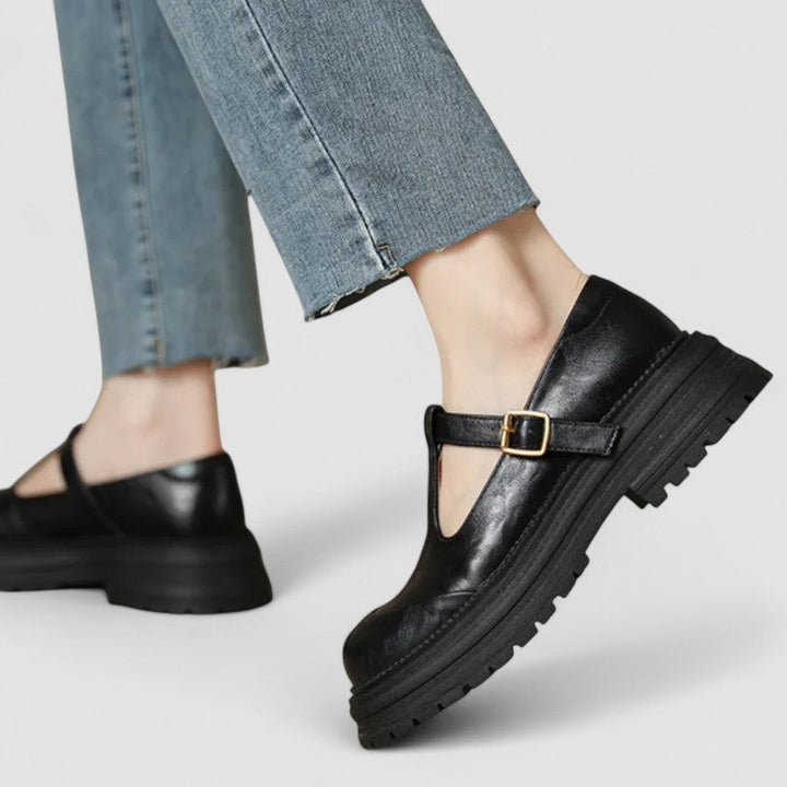 Black orthopedic Mary Jane shoes for women, designed for all-day comfort with arch support.