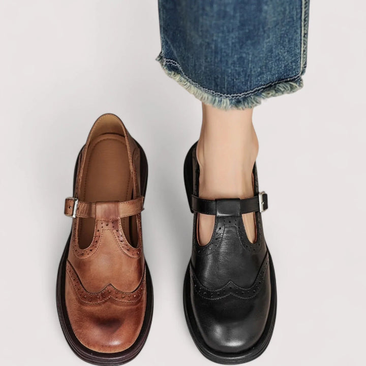 Women's orthopedic Mary Jane flats with adjustable strap, providing arch support and all-day comfort for walking.