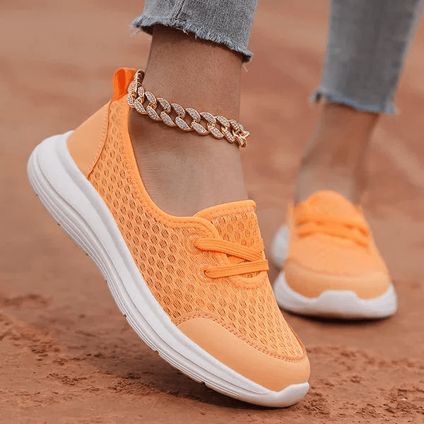 Close-up of women's mesh comfort shoes, orthopedic design, soft sole for foot support
