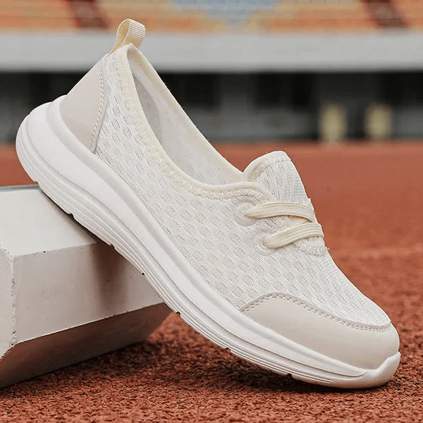 Side view of women's mesh walking shoes, orthopedic foot support, soft sole for comfort