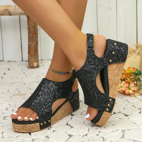 Women's orthopedic platform wedge sandals with arch support, side view, stylish comfort