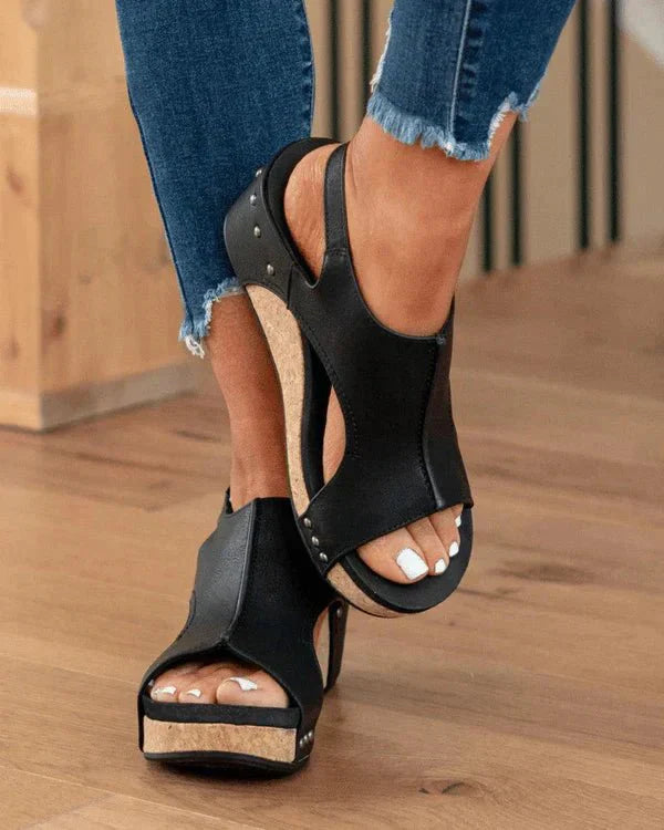 Front view of women's casual platform wedge sandals with arch support, perfect for everyday wear