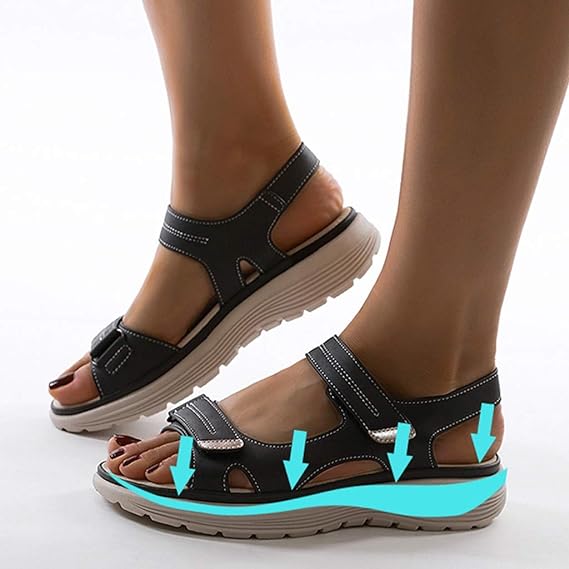 Open-toe women's orthopedic comfort sandals. Arch support & adjustable straps for healthy, comfortable summer walking.