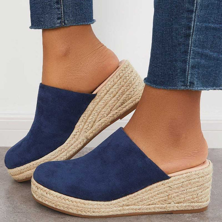 Women's orthopedic wedge sandals, closed round toe, vegan suede, espadrille sole, slip-on comfort