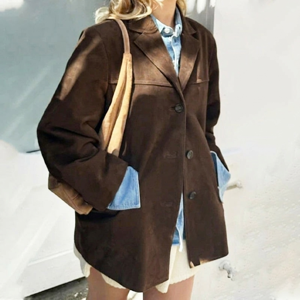 Women's oversized brown blazer with notched lapel & single button front. Perfect for casual chic or workwear.