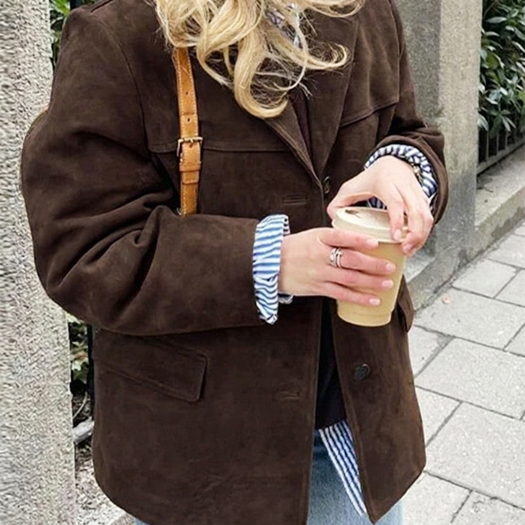 Stylish women's oversized brown blazer with notched lapel. A versatile jacket for effortless casual or professional looks.