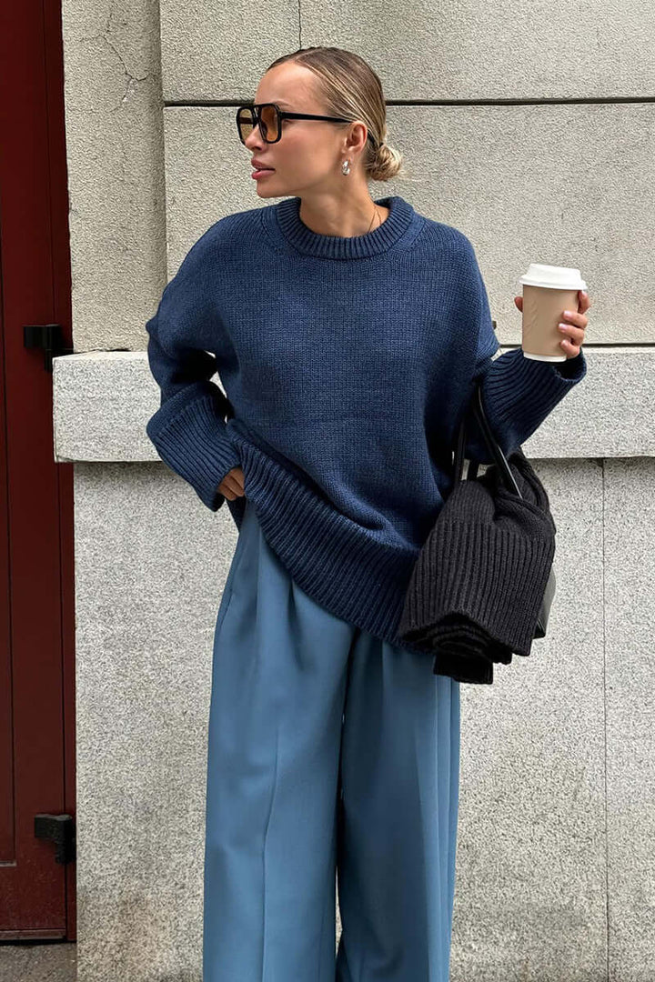 Chic oversized charcoal sweater for women, cozy knitted long sleeve.