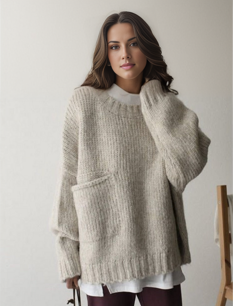 Loose fit women's sweater, comfortable grey knit pullover for winter style.
