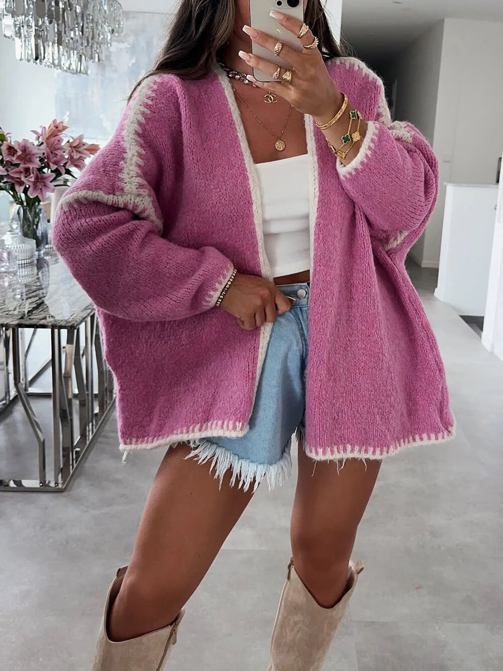 Women's oversized open-front knit cardigan in a versatile color, perfect for casual layering in fall or spring.