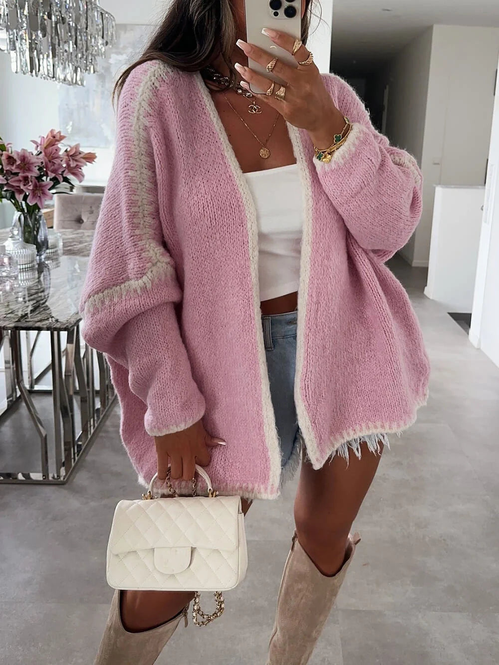 Comfortable women's oversized open-front cardigan, a stylish layering piece for everyday casual wear in cooler seasons.