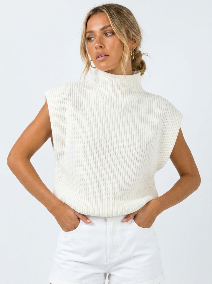 Women's oversized sleeveless high neck knitted vest for stylish fall layering.