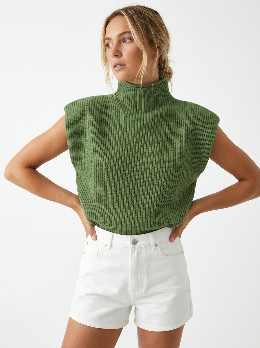 Oversized women's sleeveless high neck vest, designed for comfortable and fashionable fall layering.