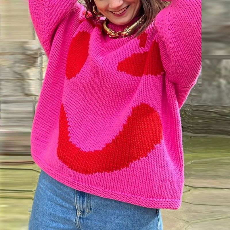 Women's oversized smiley face sweater, comfy long sleeve knitwear for casual autumn fashion.