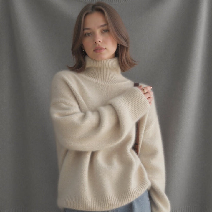 Chic women's oversized turtleneck sweater, offering warmth and stylish comfort for winter fashion.