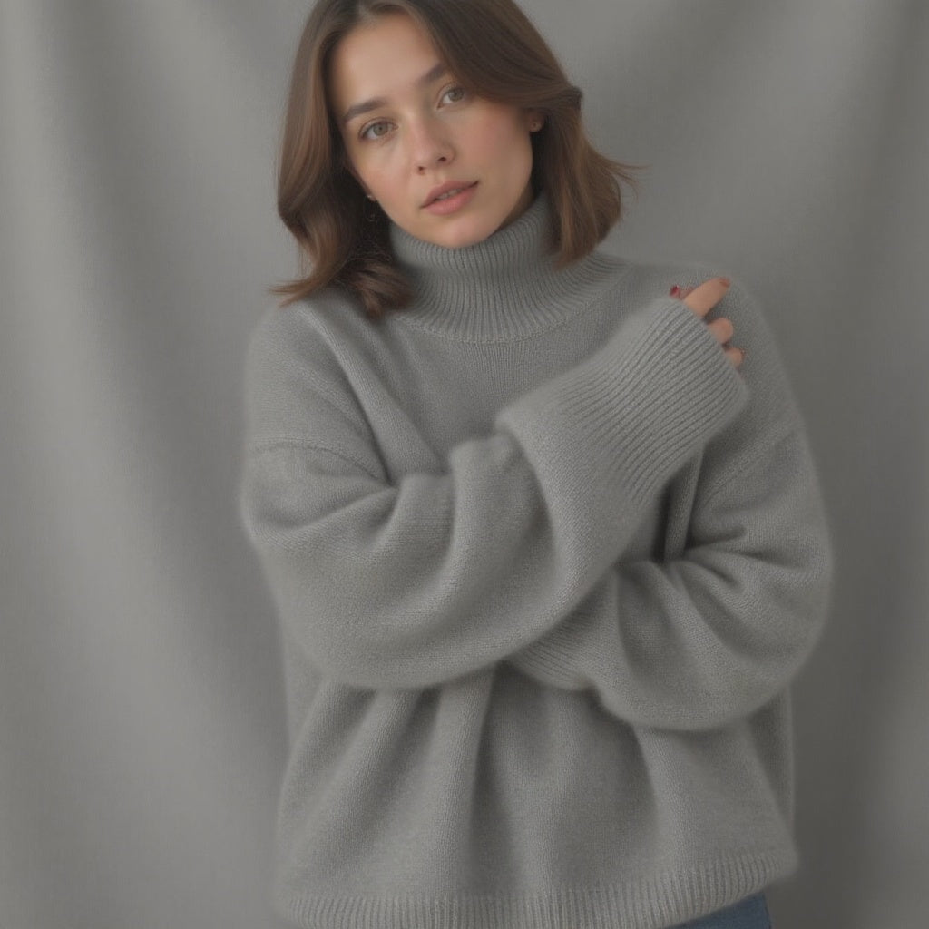 Warm and cozy women's oversized turtleneck sweater, ideal for casual winter fashion comfort.