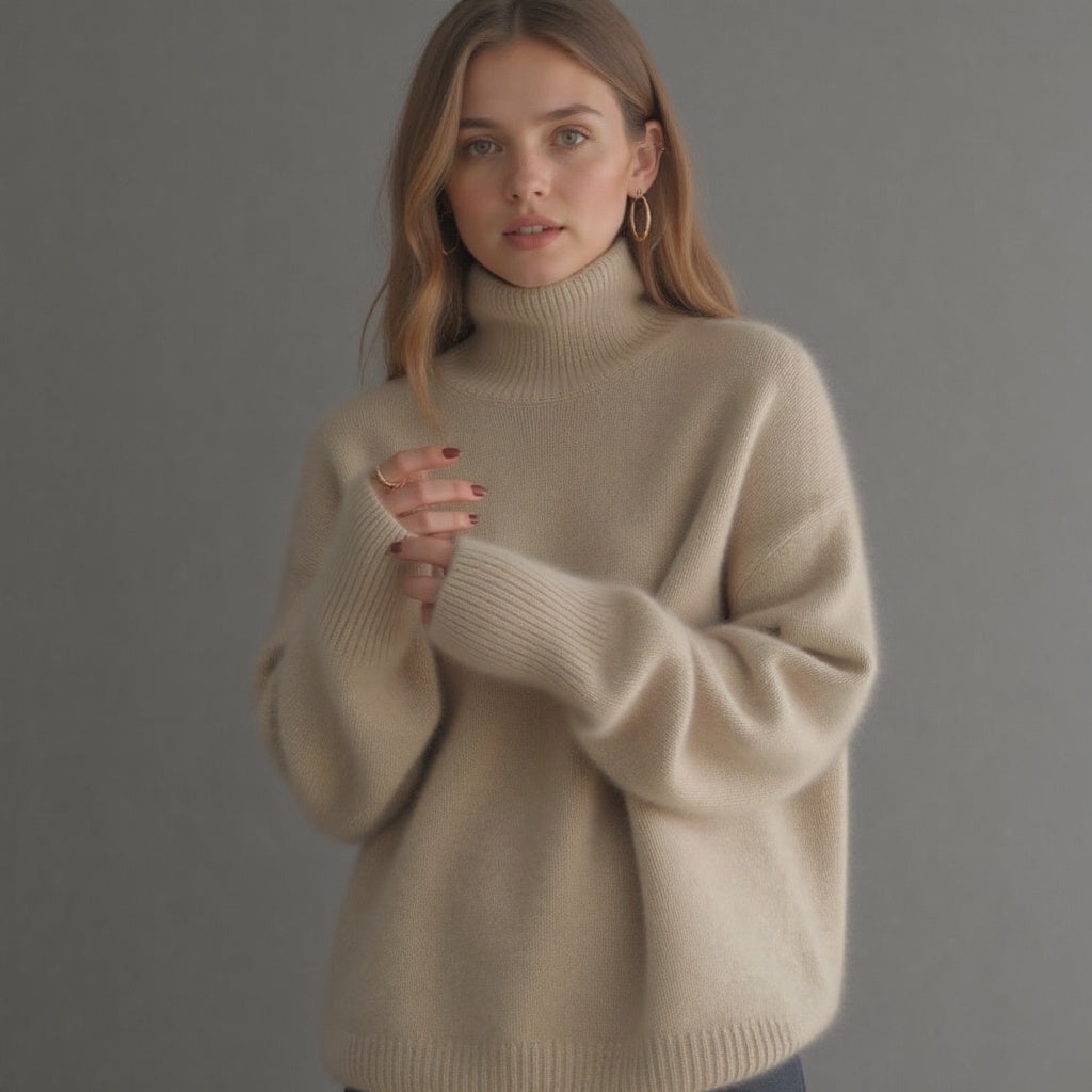 Elegant women's oversized turtleneck sweater, a stylish knit for chic winter fashion.