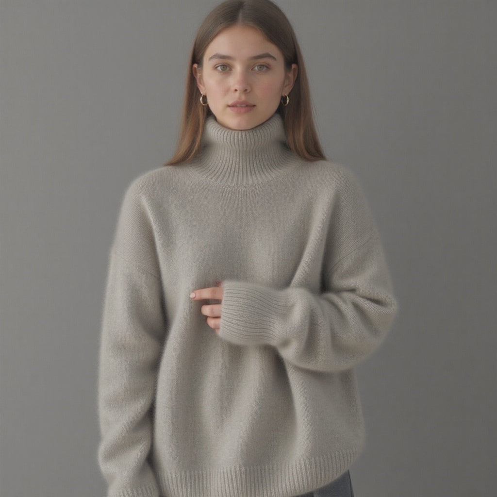 Women's oversized turtleneck sweater, providing cozy warmth and chic style for winter comfort.