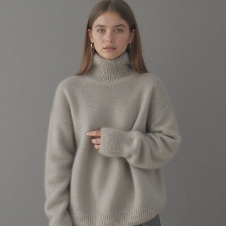 Stylish women's oversized turtleneck sweater, an elegant top perfect for cozy winter fashion.
